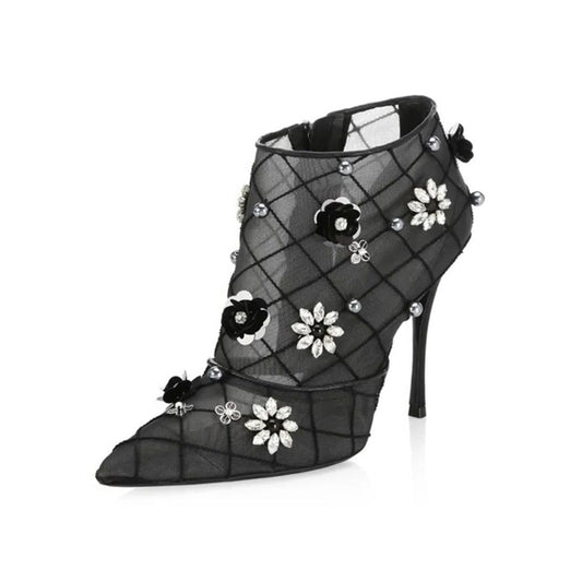 Black Mesh Pointed Toe Crystal Floral Stiletto Heel Ankle Boots
