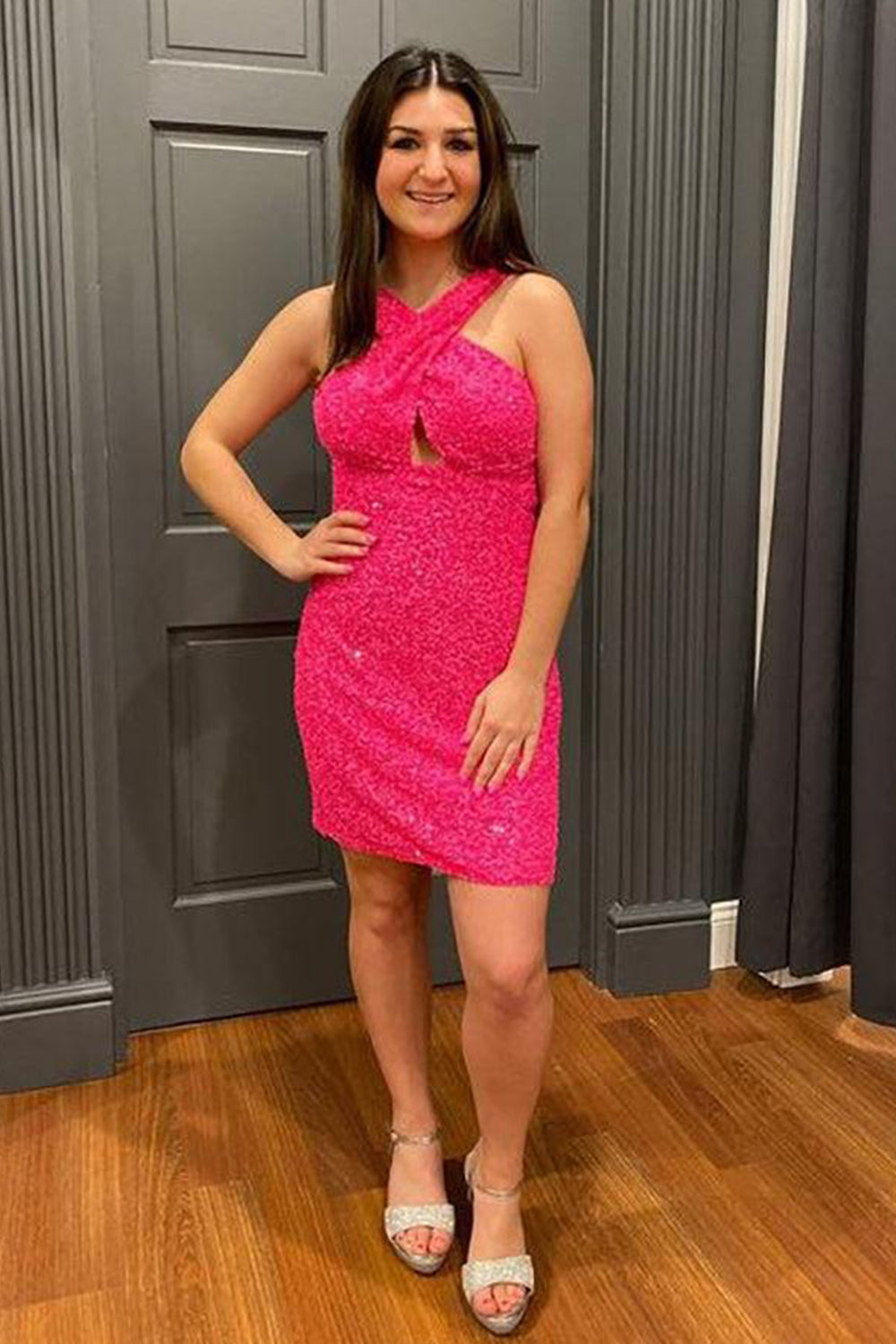 Glitter Orange Halter Backless Sequins Tight Cocktail Dress