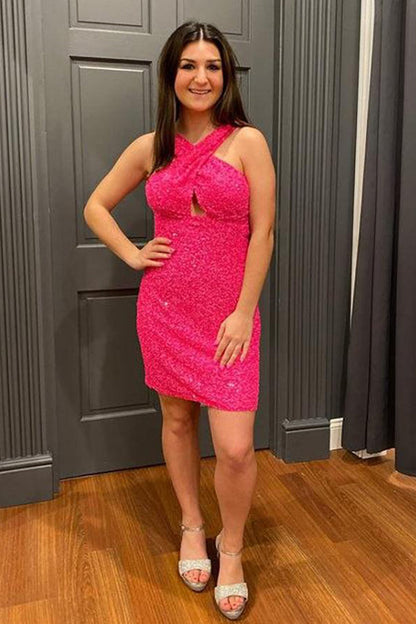 Glitter Orange Halter Backless Sequins Tight Cocktail Dress