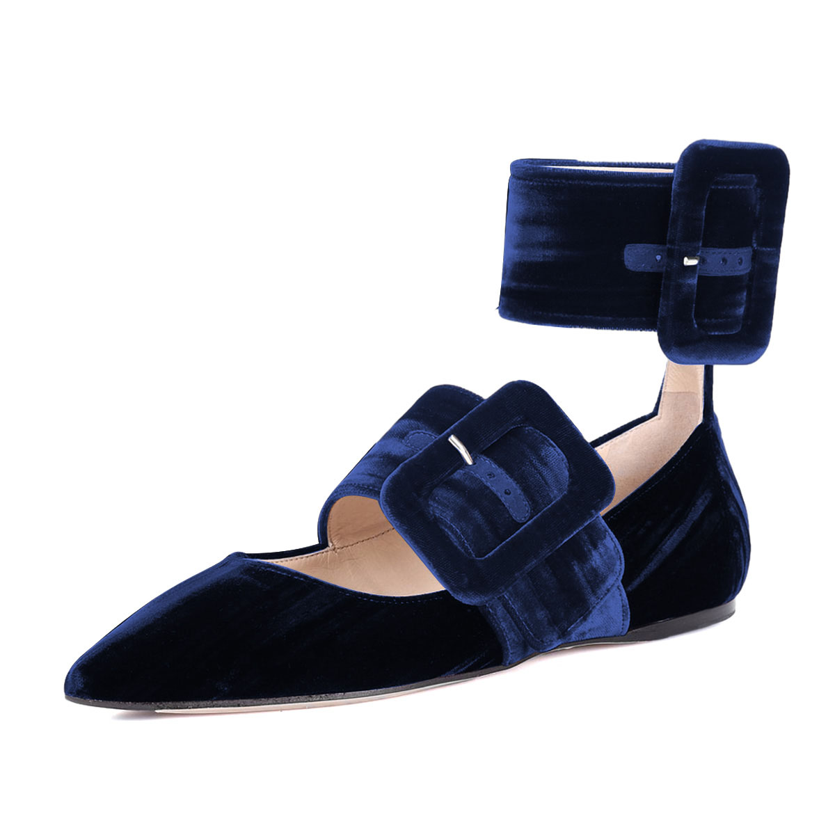 Velvet Ankle Strap Buckled Pointed Toe Mary Jane Flats in Blue