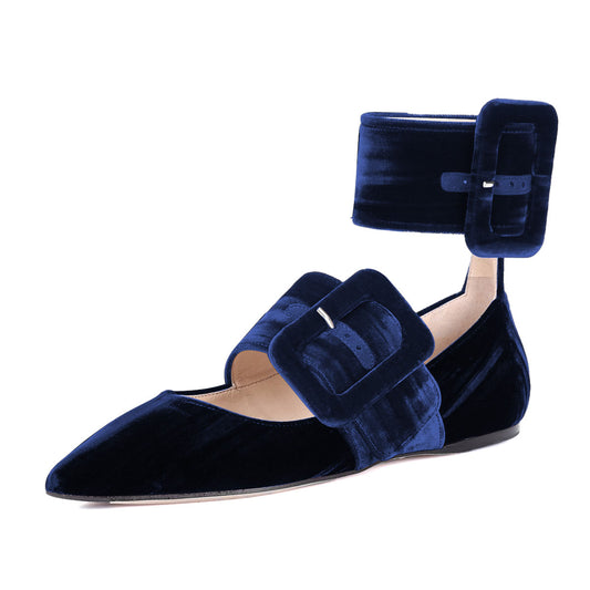 Velvet Ankle Strap Buckled Pointed Toe Mary Jane Flats in Blue