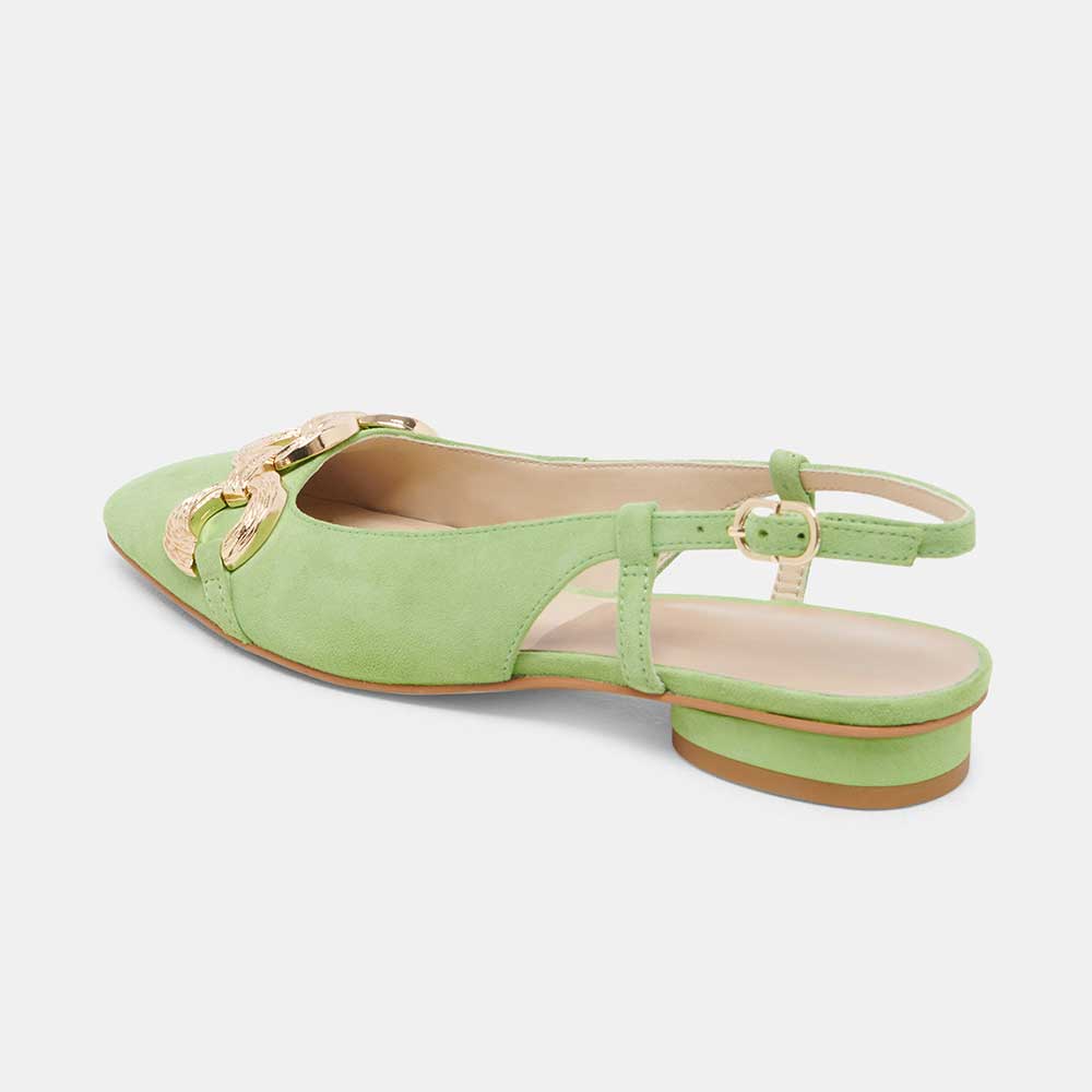 Green Vegan Suede Square Toe Gold Chain Slingback Casual Flats