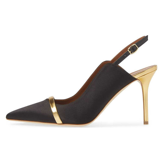 Women's Satin Pointed Toe Slingback Black Pumps with Gold Strap