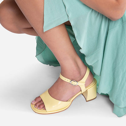 Yellow Open-Toe Ankle Strap Vegan Leather Block Heel Sandals