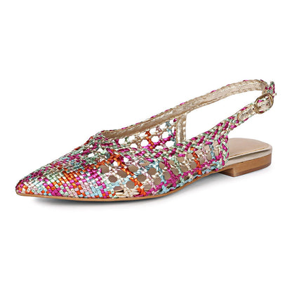 Multicolor Woven Pointed Toe Cut-Out Slingback Flat Shoes Women