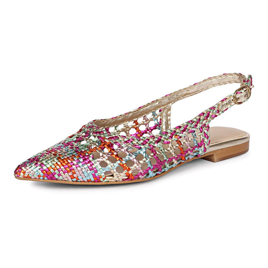 Multicolor Woven Pointed Toe Cut-Out Slingback Flat Shoes Women