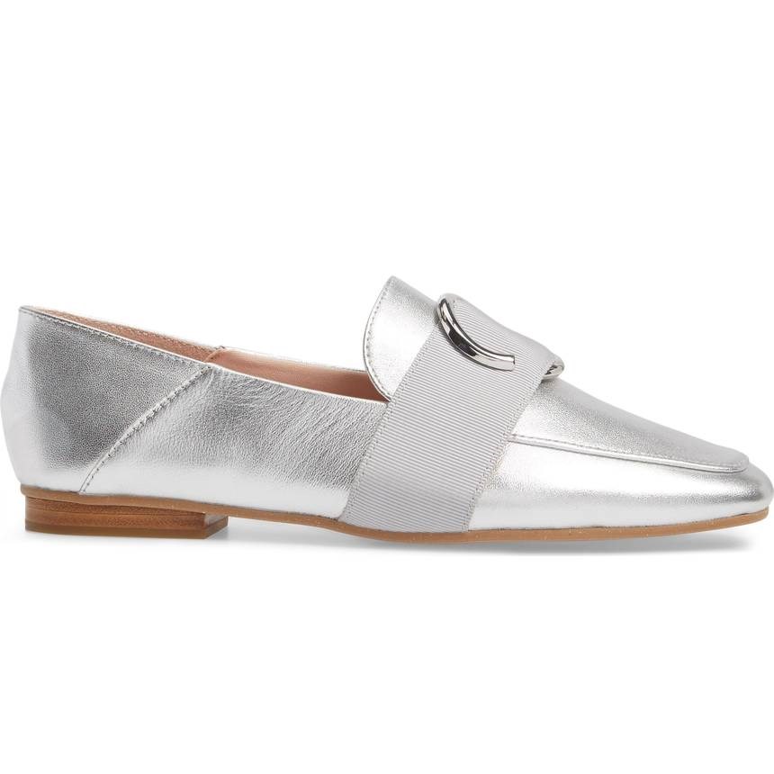 Silver Metallic Finish Square Toe Flats Buckle Decor Women's Loafers