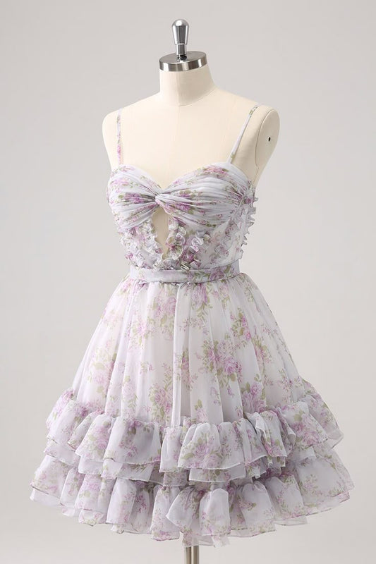 Vintage A-Line Homecoming Dress Spaghetti Straps Ruffled Floral Print Tiered Cocktail Dress TP3390