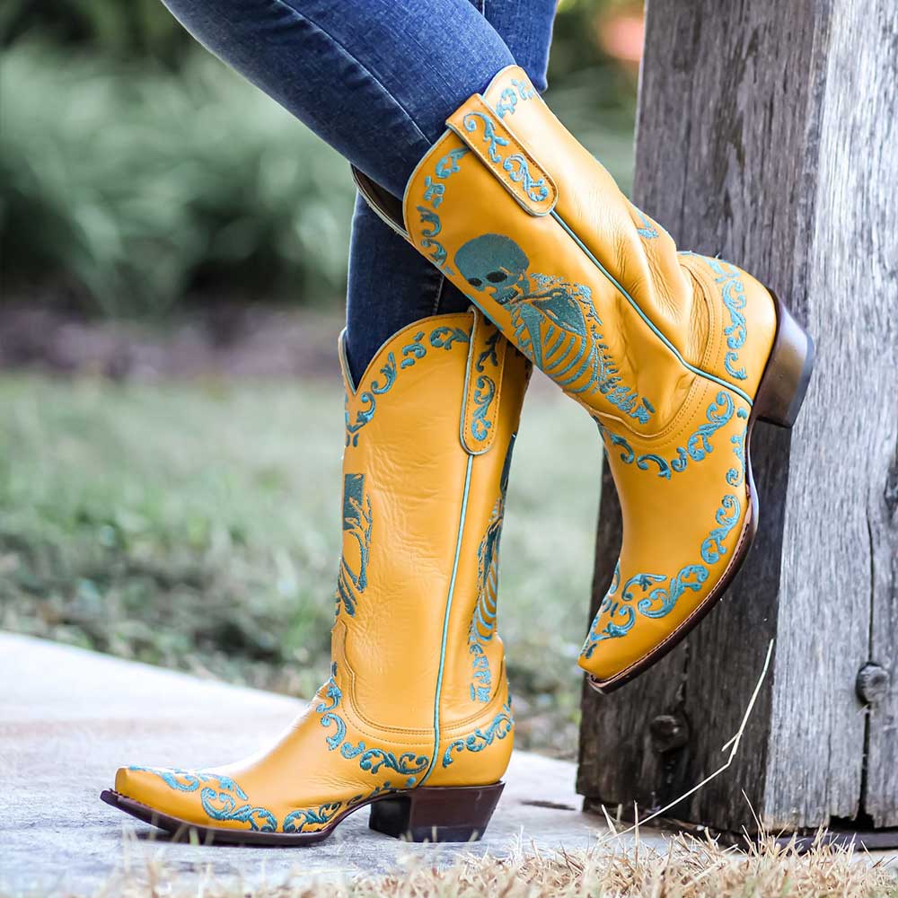 Yellow Chunky Heel Skeleton Embroidered Cowgirl Boots for Women