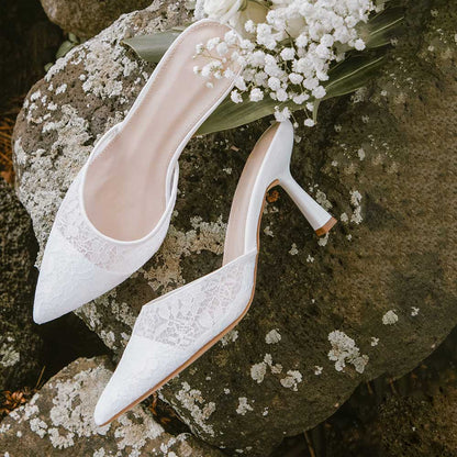 White Vegan Leather Pointed Toe 3'' Kitten Heel Rhinestone Mules