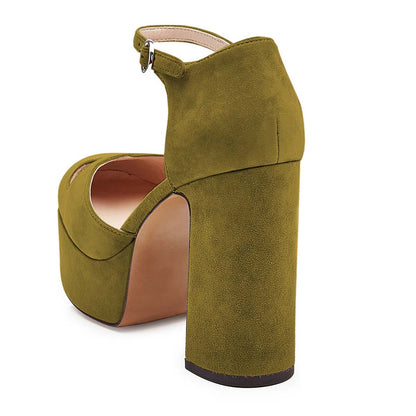 Women's Olive Vegan Suede Ankle Strap Heels Cut Out Platform Pumps