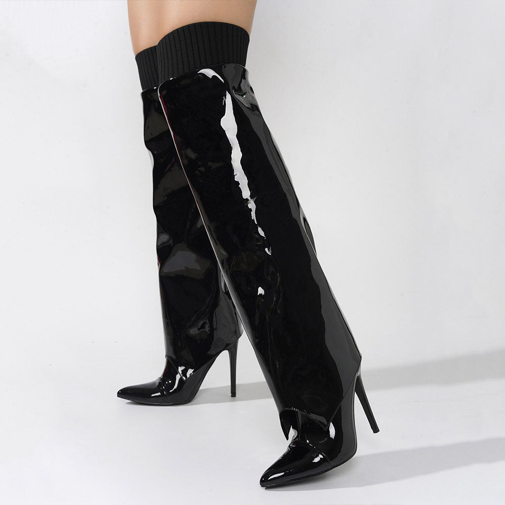 Black Patent Leather Fold-Over Knee High Boots with Stiletto Heels