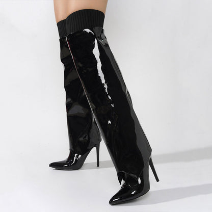 Black Patent Leather Fold-Over Knee High Boots with Stiletto Heels