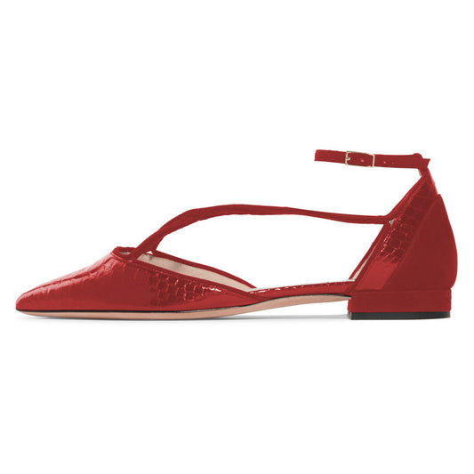 Burgundy Pointy Toe Flats Python Ankle Strap Shoes