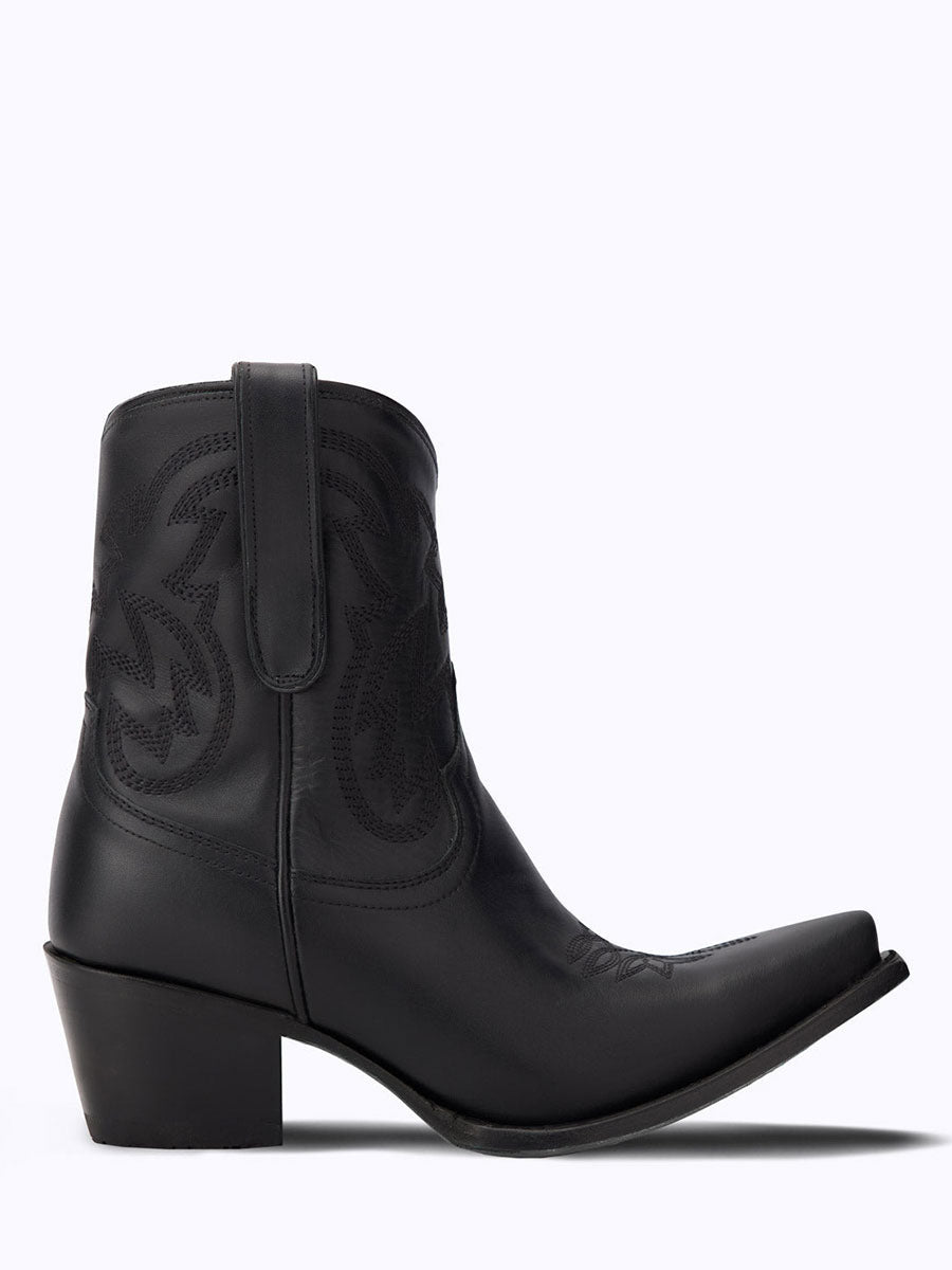 Black Snip Toe Embroidered Cowgirl Ankle Boots with Block Heel