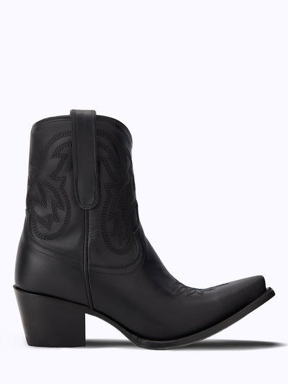 Black Snip Toe Embroidered Cowgirl Ankle Boots with Block Heel