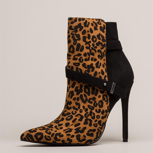 Black & Brown Leopard Print Pointed Toe Stiletto Heel Ankle Boots
