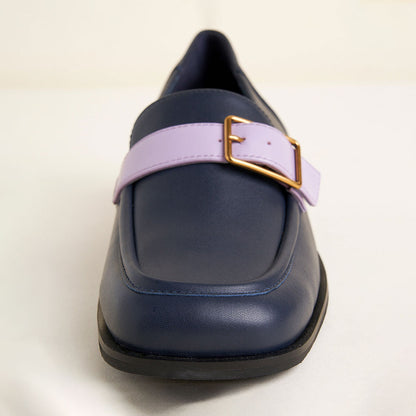Fashion Navy Square Toe Low Heel Buckled Chunky Loafers for Ladies