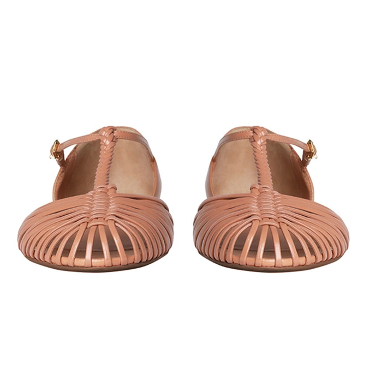 Natural Caged Woven T-Strap Round Toe Flat Shoes for Women with Buckle