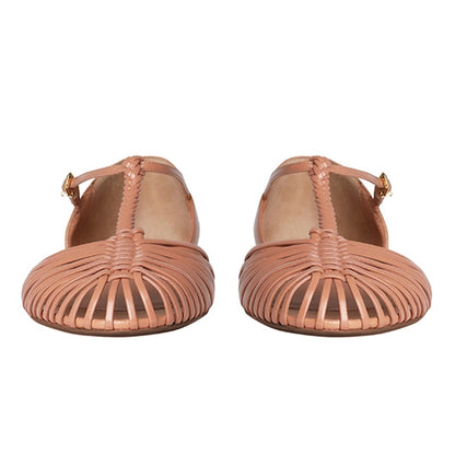 Natural Caged Woven T-Strap Round Toe Flat Shoes for Women with Buckle