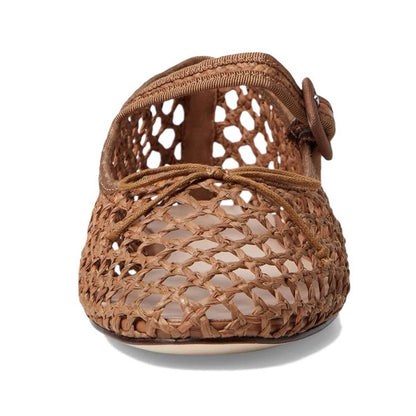 Brown Raffia Round Toe Cut Out Buckled Strappy Mary Jane Flats