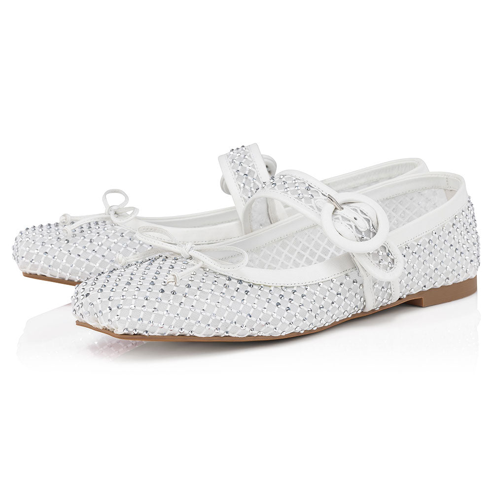 Classy White Square Toe Rhinestone Mesh Bowknot Mary Jane Flats