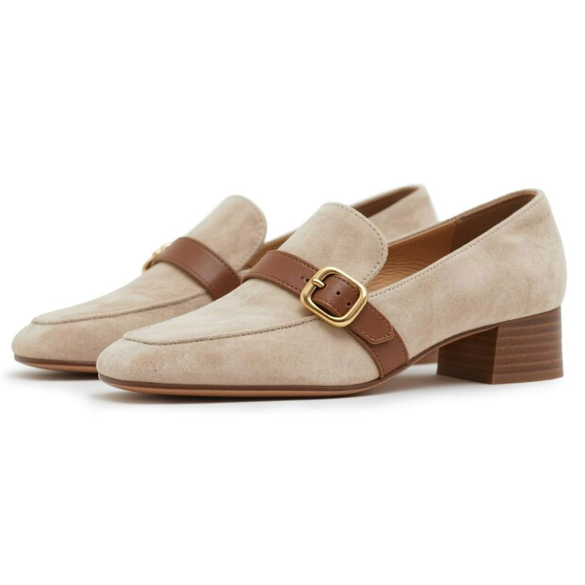 Beige Vegan Suede Square Toe Buckle Strap Office Women's Loafers