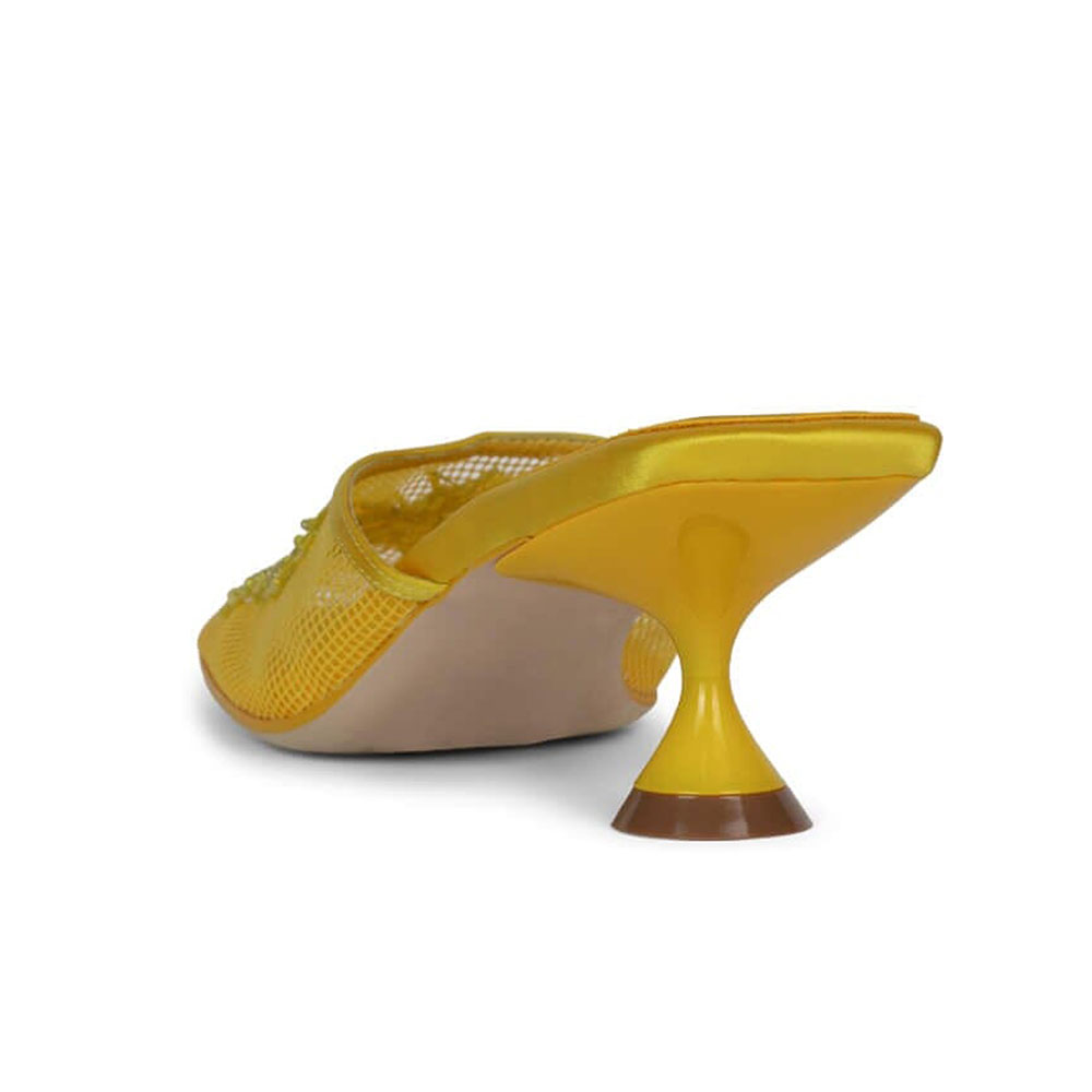 Yellow Mesh & Satin Square Toe Mules Shoes with Sequin Butterfly
