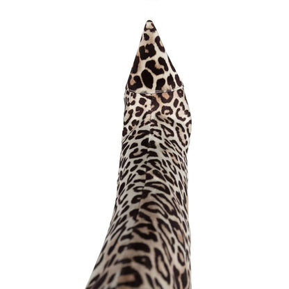 Brown Leopard Print Shoes Pointed Toe Stiletto Heel Knee High Boots