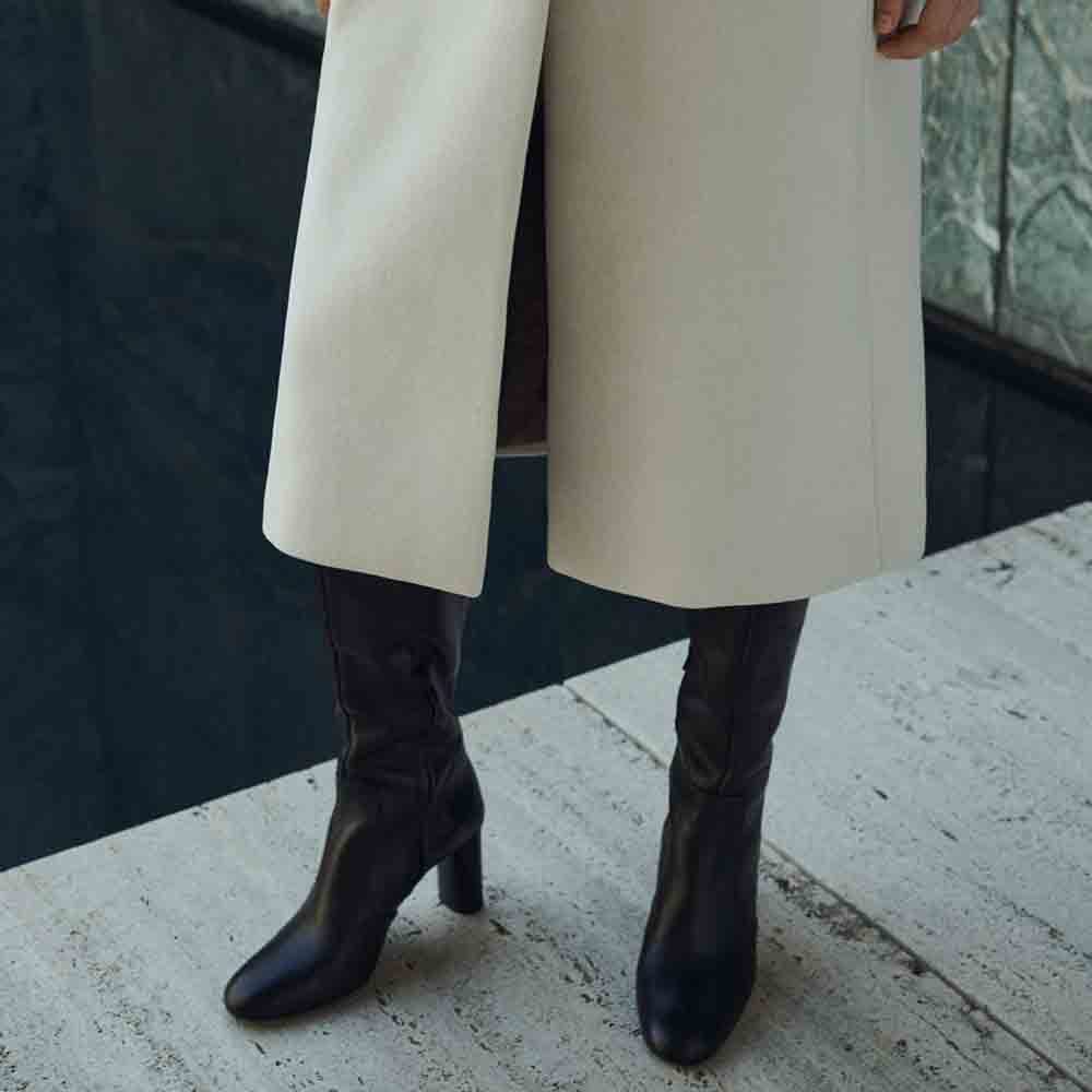 Black Round Toe Shoes Women's Classic Block Heel Knee High Boots