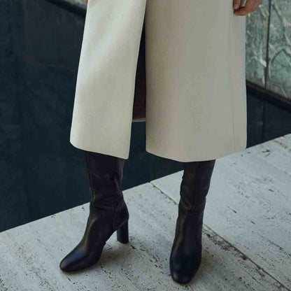 Black Round Toe Shoes Women's Classic Block Heel Knee High Boots