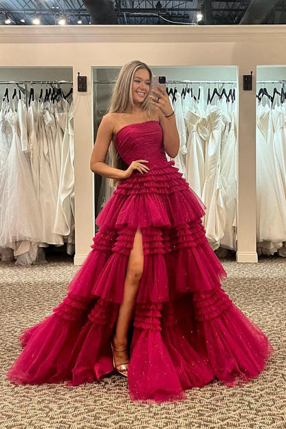 Fuchsia Sleeveless Pleated Evening Prom Dress