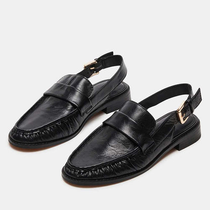 Black Vegan Leather Round Toe Flat Buckled Slingback Formal Loafers