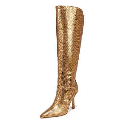 Python Embossed Pointy Toe Buckle Strap Knee High Boots in Gold