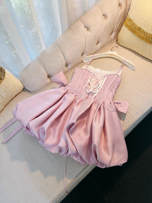 Chic Pink Spaghetti Strap Beading A-line V-neck Party Dresses Homecoming Dresses, TP3795