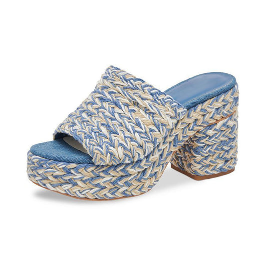 Multicolor Woven Open Round Toe Block Heel Platform Mules Sandals