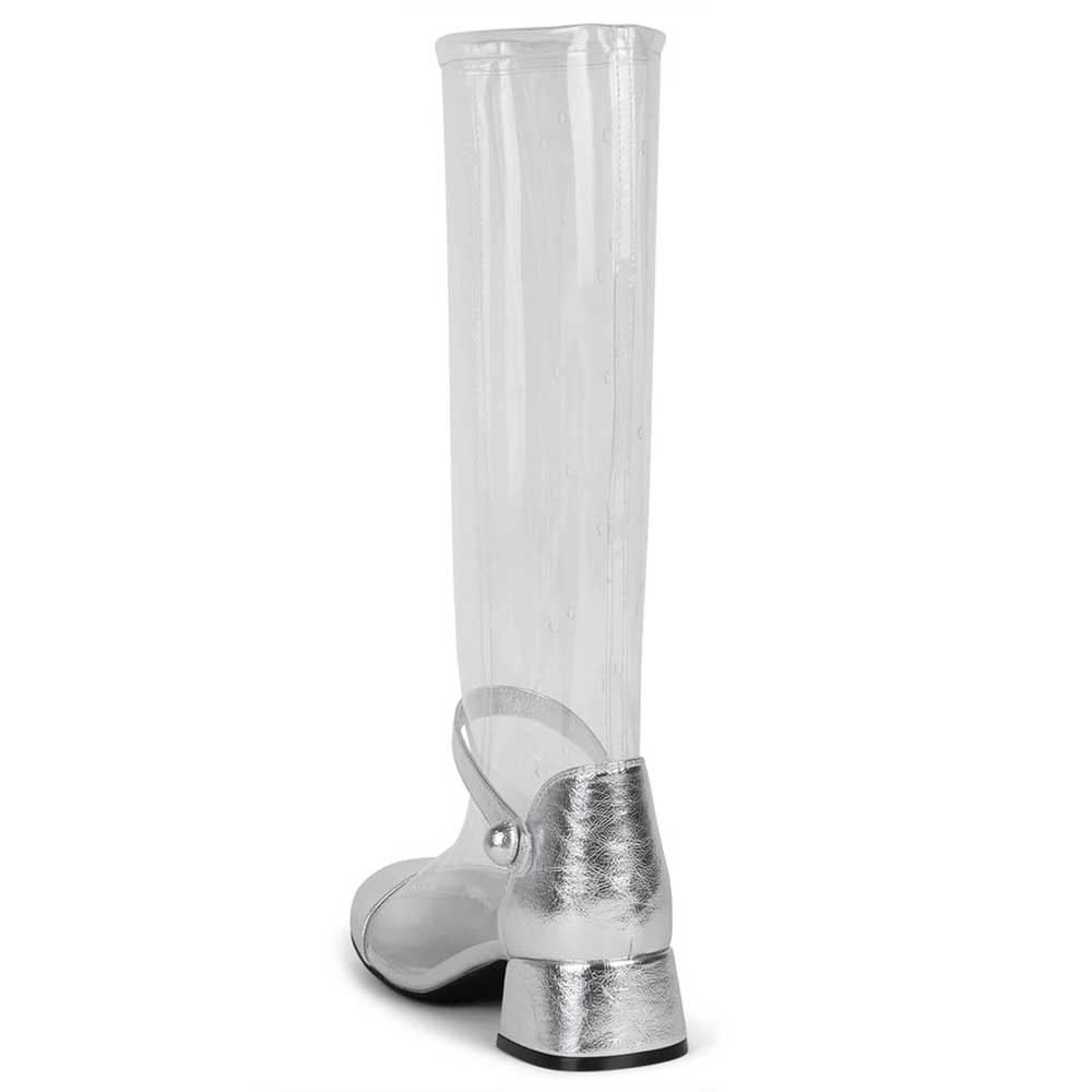 Silver & Transparent Closed Toe Heeled Knee High Boots with Strap