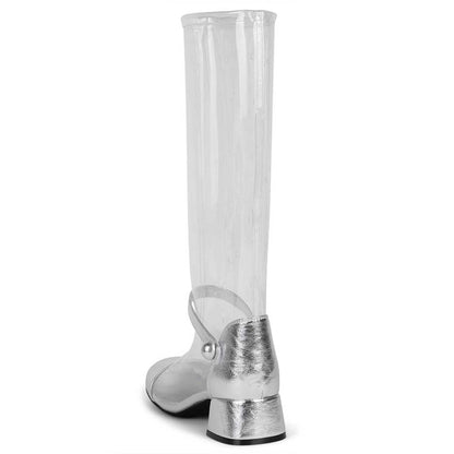 Silver & Transparent Closed Toe Heeled Knee High Boots with Strap
