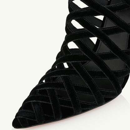 Black Velvet Woven Cage-Like Stiletto Heel Short Boots for Women