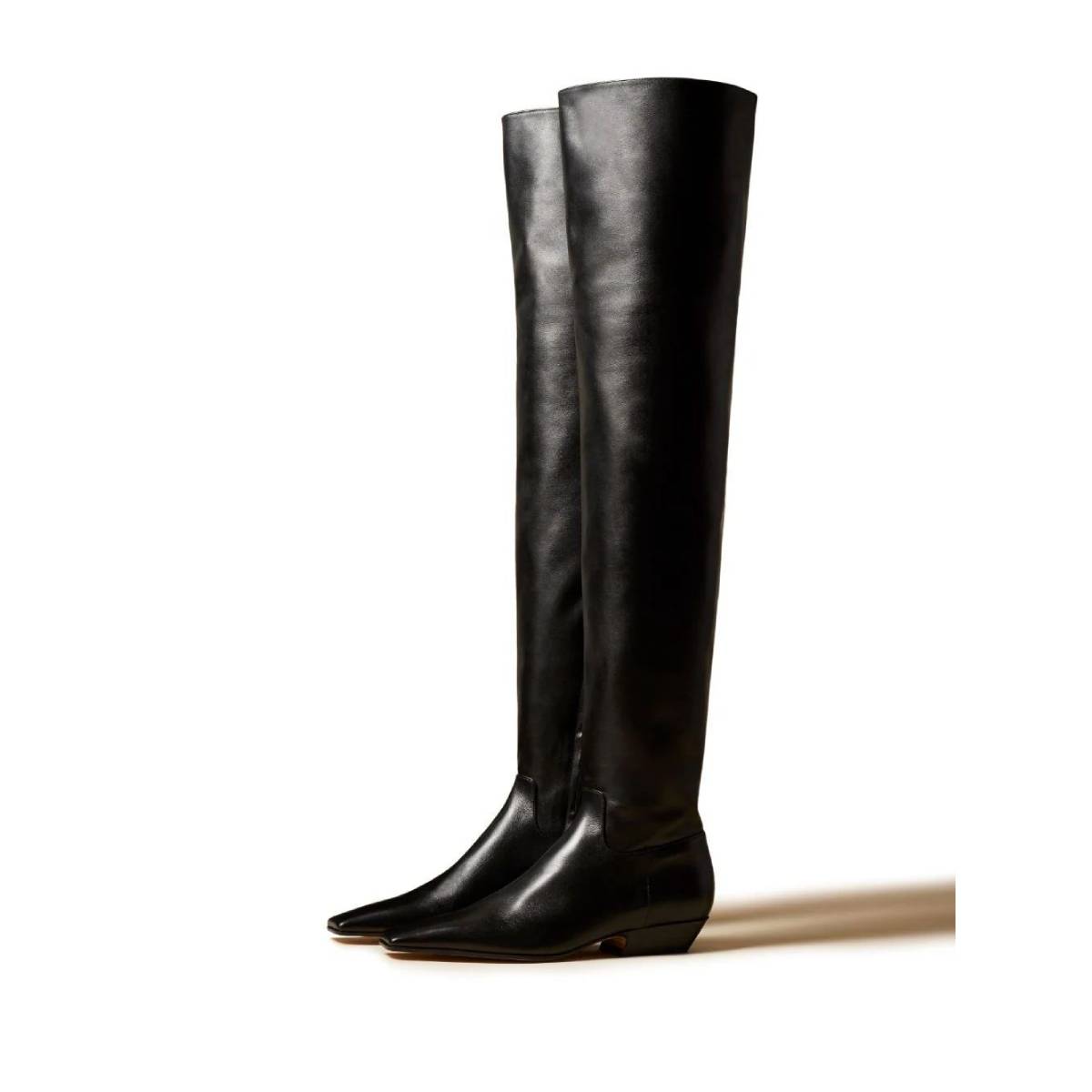 Black Square Toe Low Heel Pull-On Zipper Over the Knee High Boots
