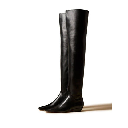 Black Square Toe Low Heel Pull-On Zipper Over the Knee High Boots