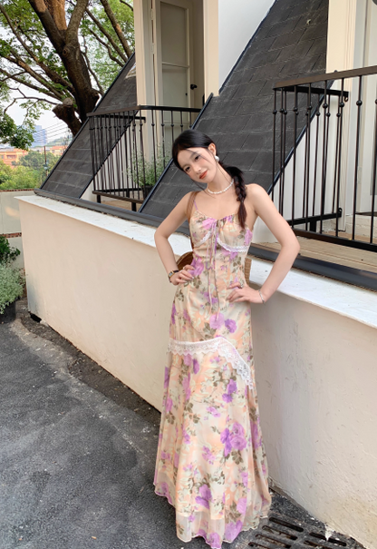 Retro Fashion Purple Flora Design Beach Holiday A-line Spaghetti Strap Dress TP3368