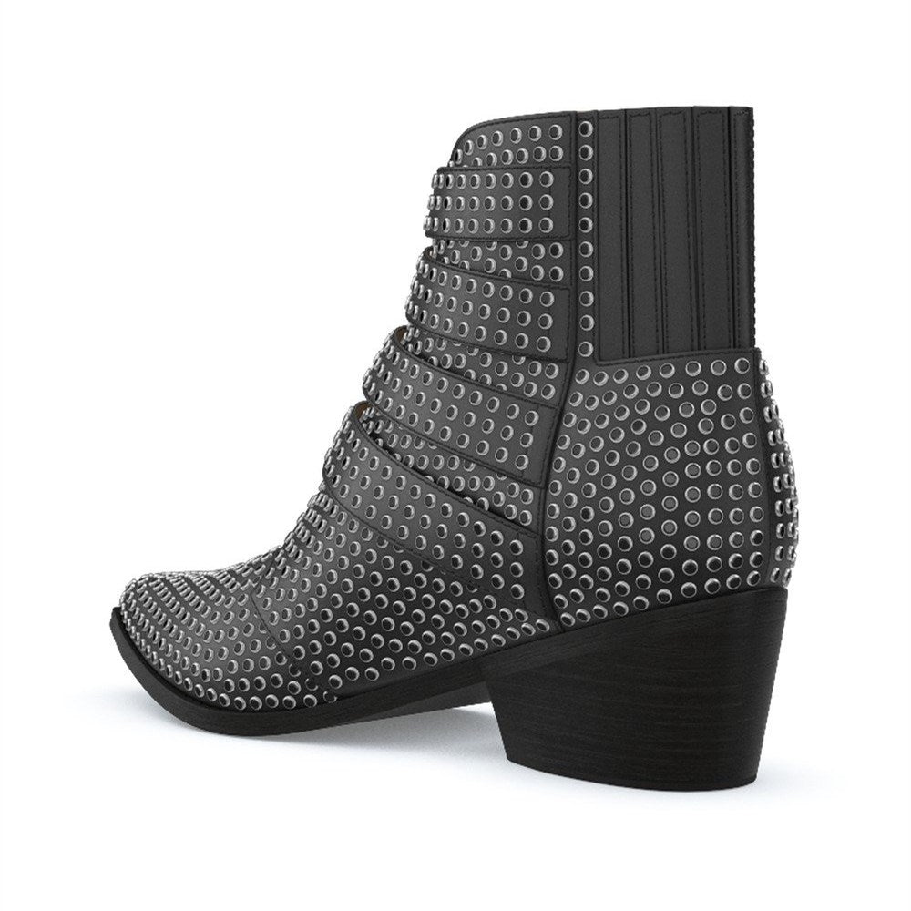 Black Pointed Toe Buckle Strap Chunky Heel Ankle Boots with Studs