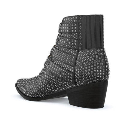 Black Pointed Toe Buckle Strap Chunky Heel Ankle Boots with Studs