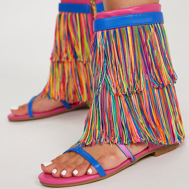 Multicolor Open-Toe Fringe Flats Strappy Mid-Calf Summer Boots