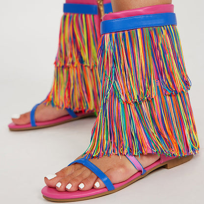 Multicolor Open-Toe Fringe Flats Strappy Mid-Calf Summer Boots