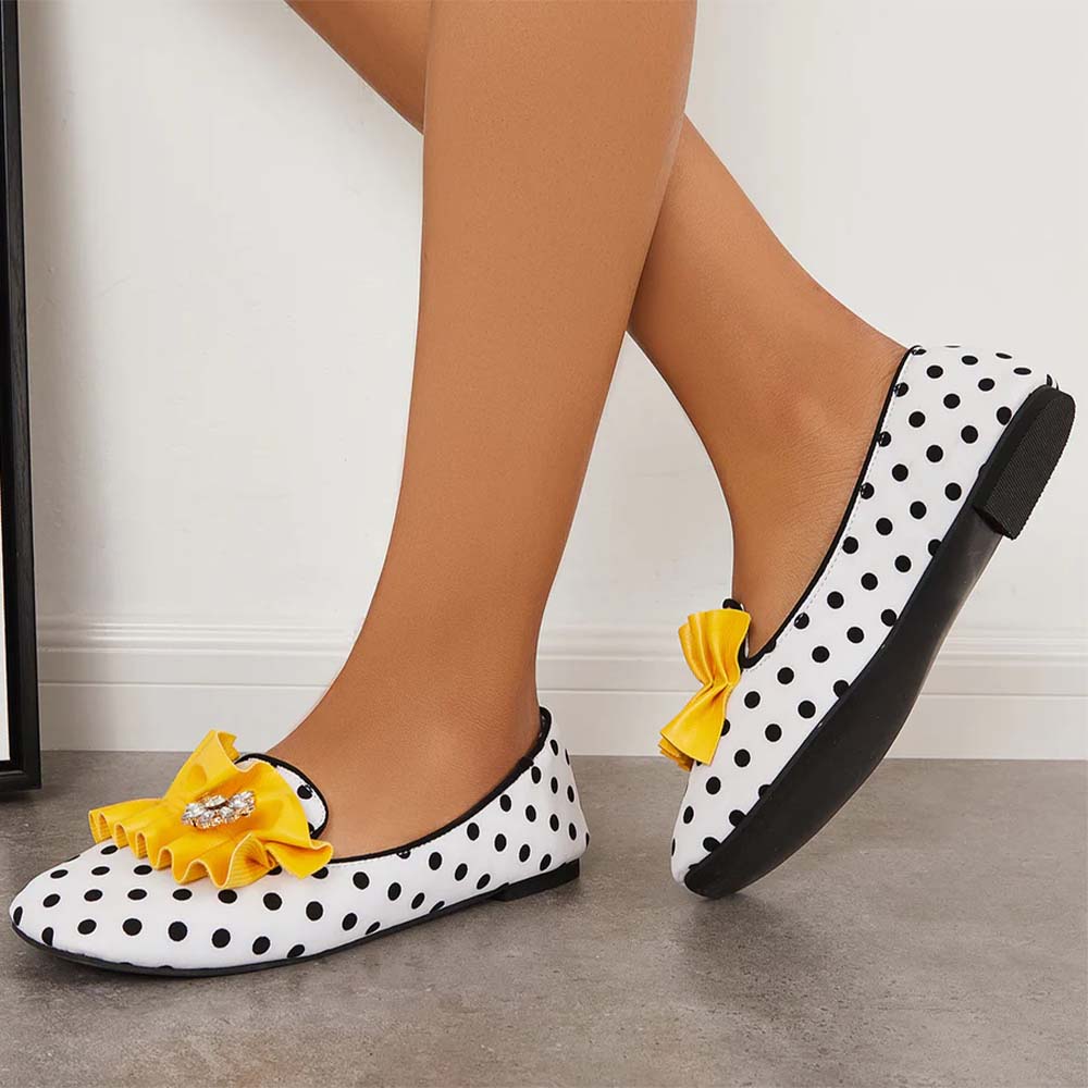 White & Black Polka Dot Round Toe  Loafers With Yellow Fold Rhinestone Flower Decor Flats