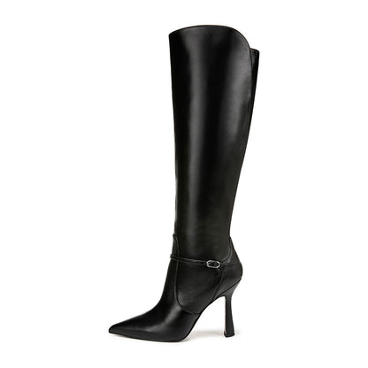 Black Pointy Toe Buckle Strap Detail Knee High Boots with Side Zipper