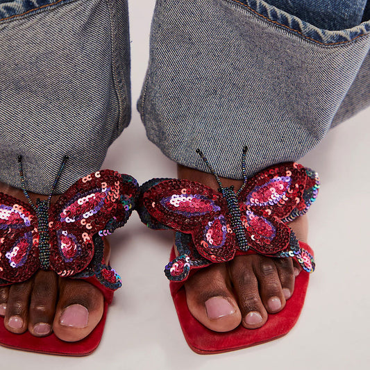 Red Glittery Sequined Square Toe Flat Butterfly Stylish Slippers