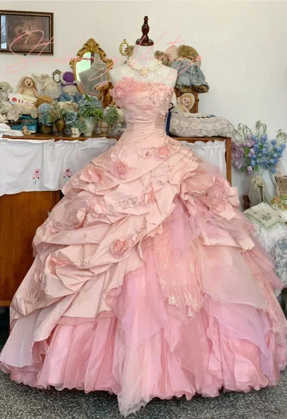 Elegant Pink 3D Flower Sweet 16 Quinceanera A-Line Floor-length Prom Dress Birthday Dress Evening Dress Ball Gown TP4421